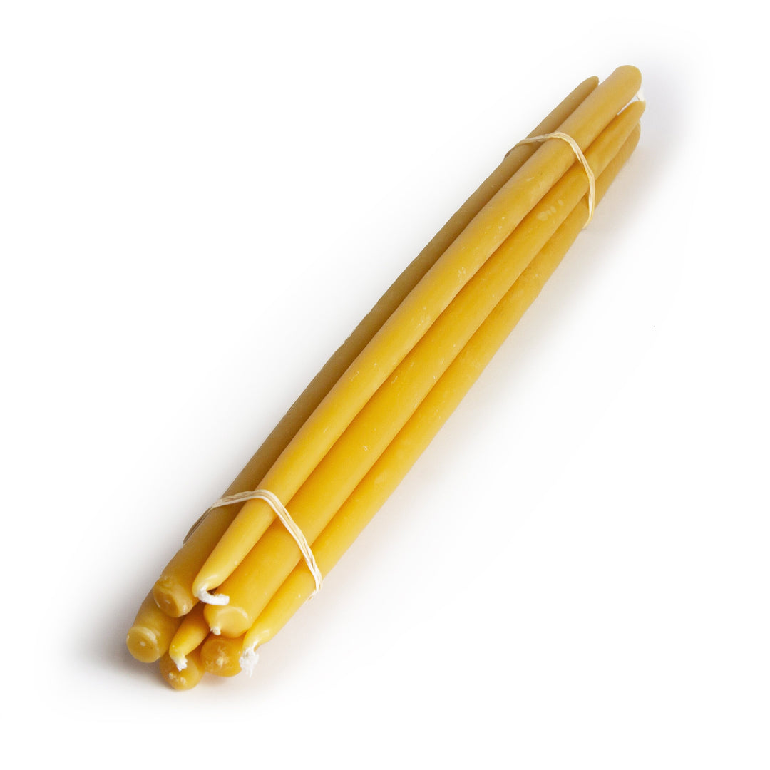 A bundle of yellow beeswax taper candles tied together.
