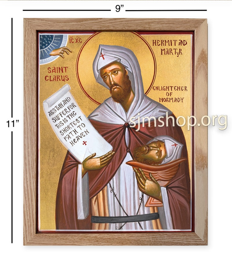 Icon of St. Clair holding a scroll and his head, featuring a cross and a blue and gold design.