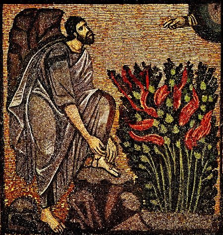 A mosaic depicting Μoses standing beside a bush that is on fire, representing the Burning Bush