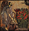 A mosaic depicting Μoses standing beside a bush that is on fire, representing the Burning Bush