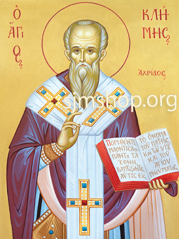 Icon of St. Clement of Ohrid holding a book, with a halo and a golden yellow background.