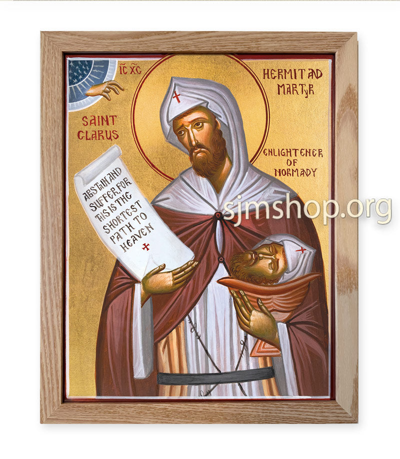 Icon of St. Clair holding a scroll and his head, featuring a cross and a blue and gold design.