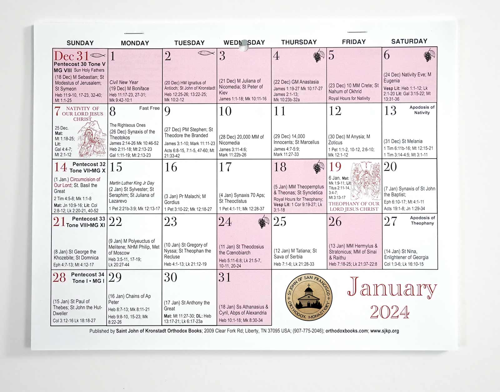 2024 Orthodox Julian (Old Calendar) Wall Calendar – St. John’s