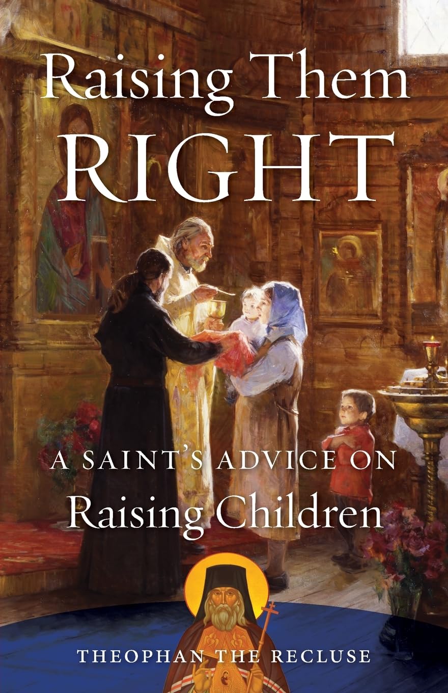 Book cover of 'Raising Them Right' with a painting of an priest and child in a religious setting.