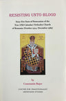 Book cover of 'Resisting Unto Blood' with a religious icon and text on a white background