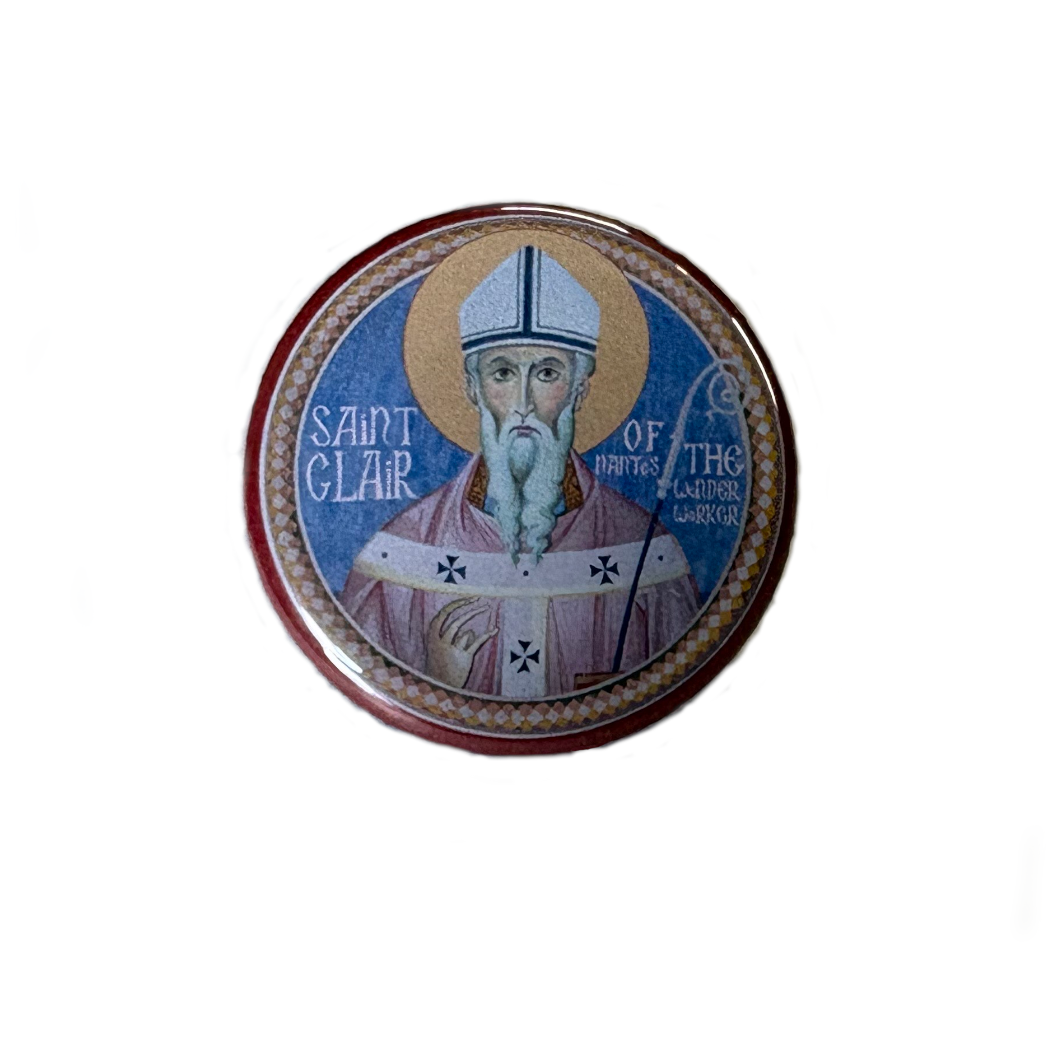 Round decorative button with an icon of Saint Clair of the Isles on a white background