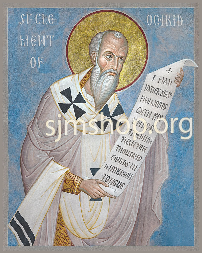 Icon of Saint Clement holding a scroll with text, against a blue background.