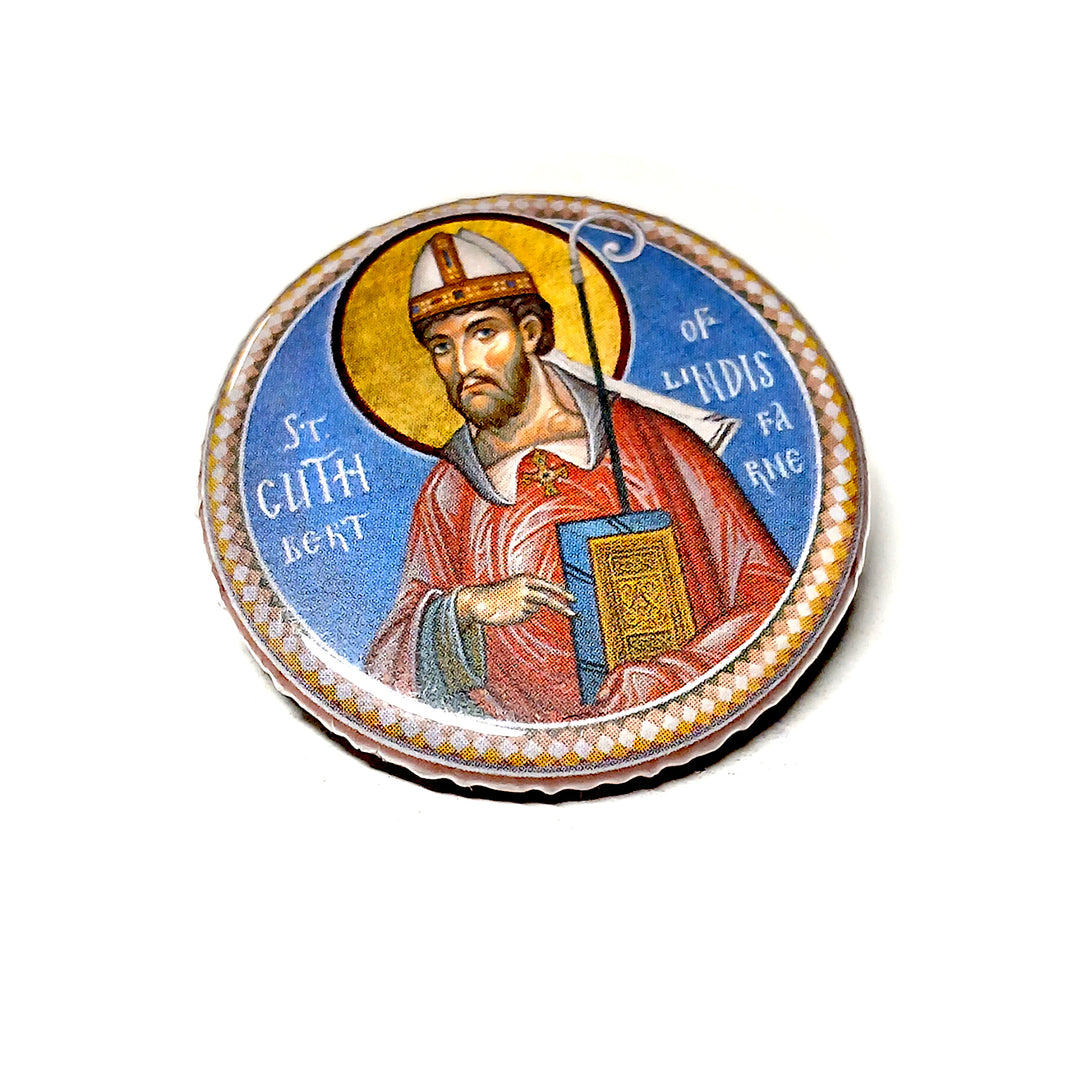 Round button with st. cuthbert, on a white background