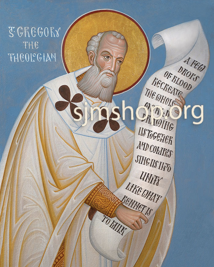 Saint Gregory the Theologian holding a scroll with text, against a blue background.
