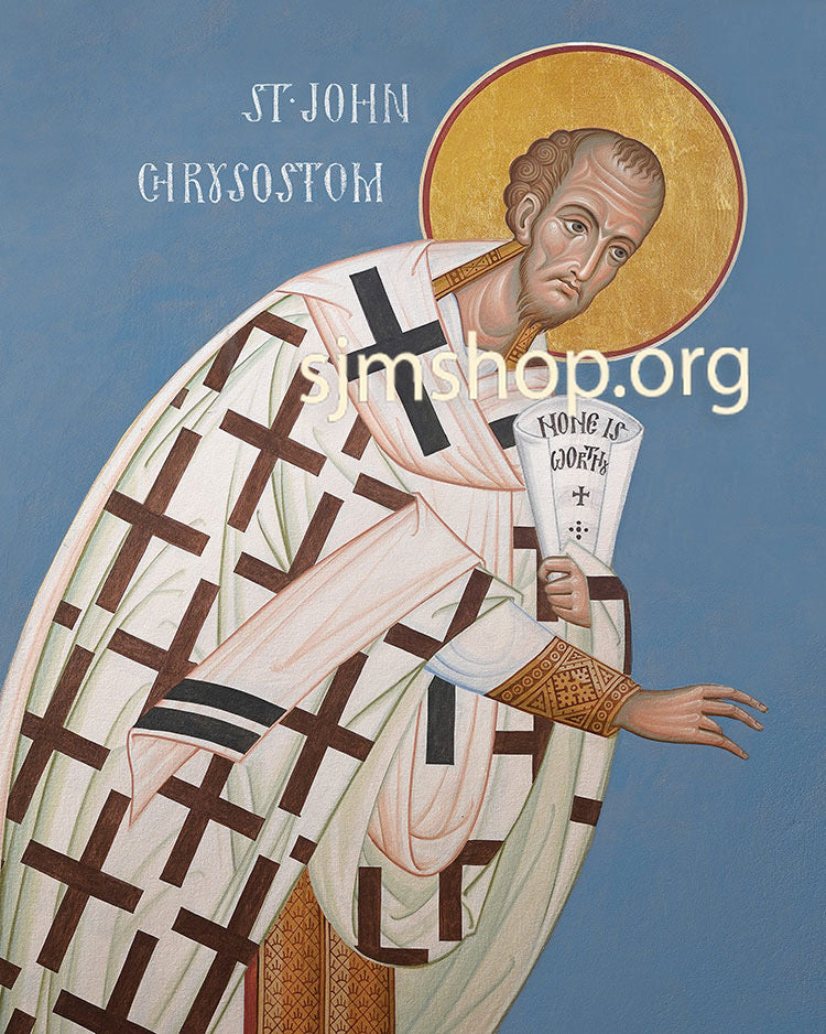 Icon of St. John Chrysostom with a blue background.