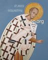 Icon of St. John Chrysostom with a blue background.
