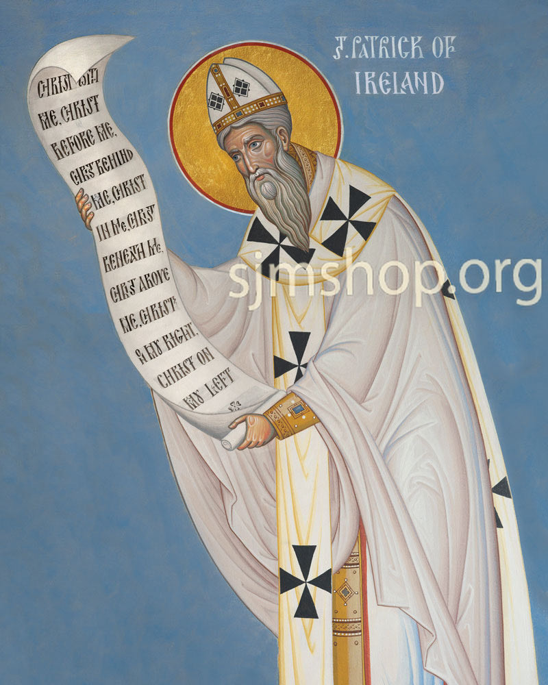 Illustration of a Saint Patrick icon holding a scroll with text, against a blue background.