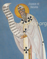 Illustration of a Saint Patrick icon holding a scroll with text, against a blue background.