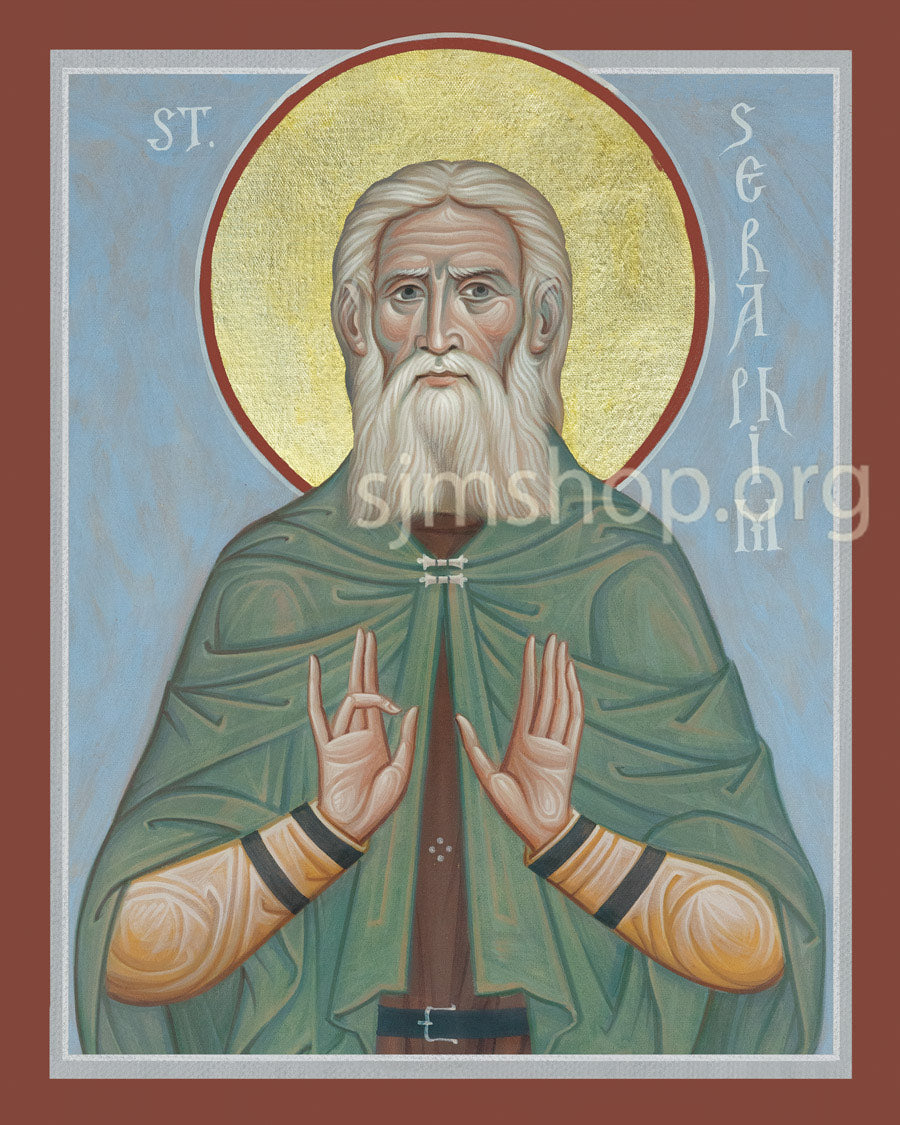 Icon of St. Seraphim of Sarov with a blue background and 'simshop.org' text.