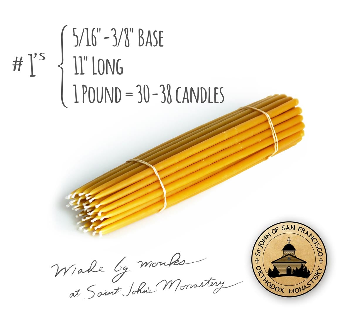 A bundle of 11" long 100% pure beeswax tapers with St. John's Monastery Logo