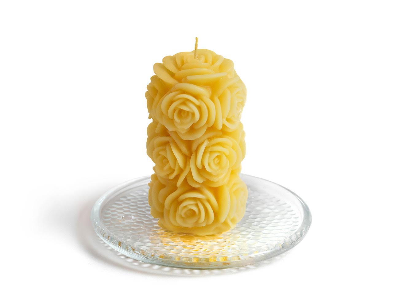 100% Pure Beeswax rose candle on 6" glass trivet