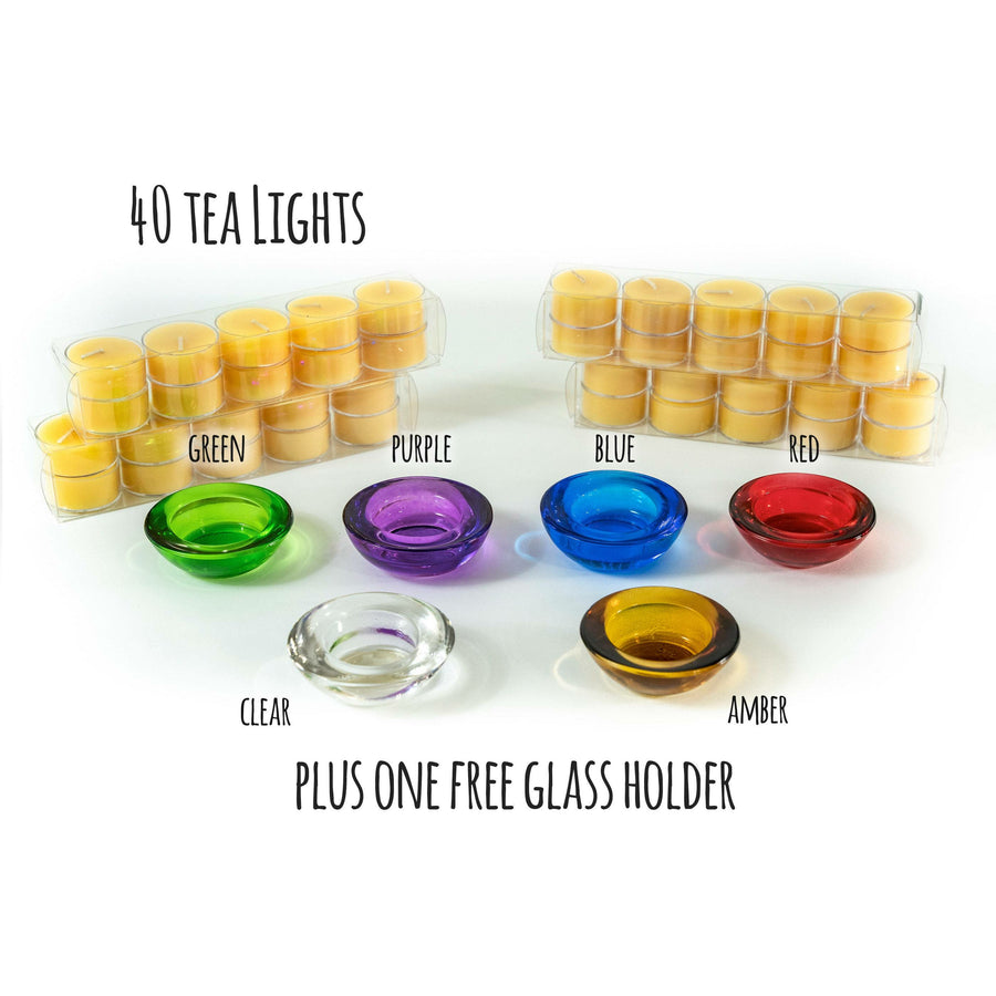 40 100% pure beeswax tealights with a free tealight holder glass